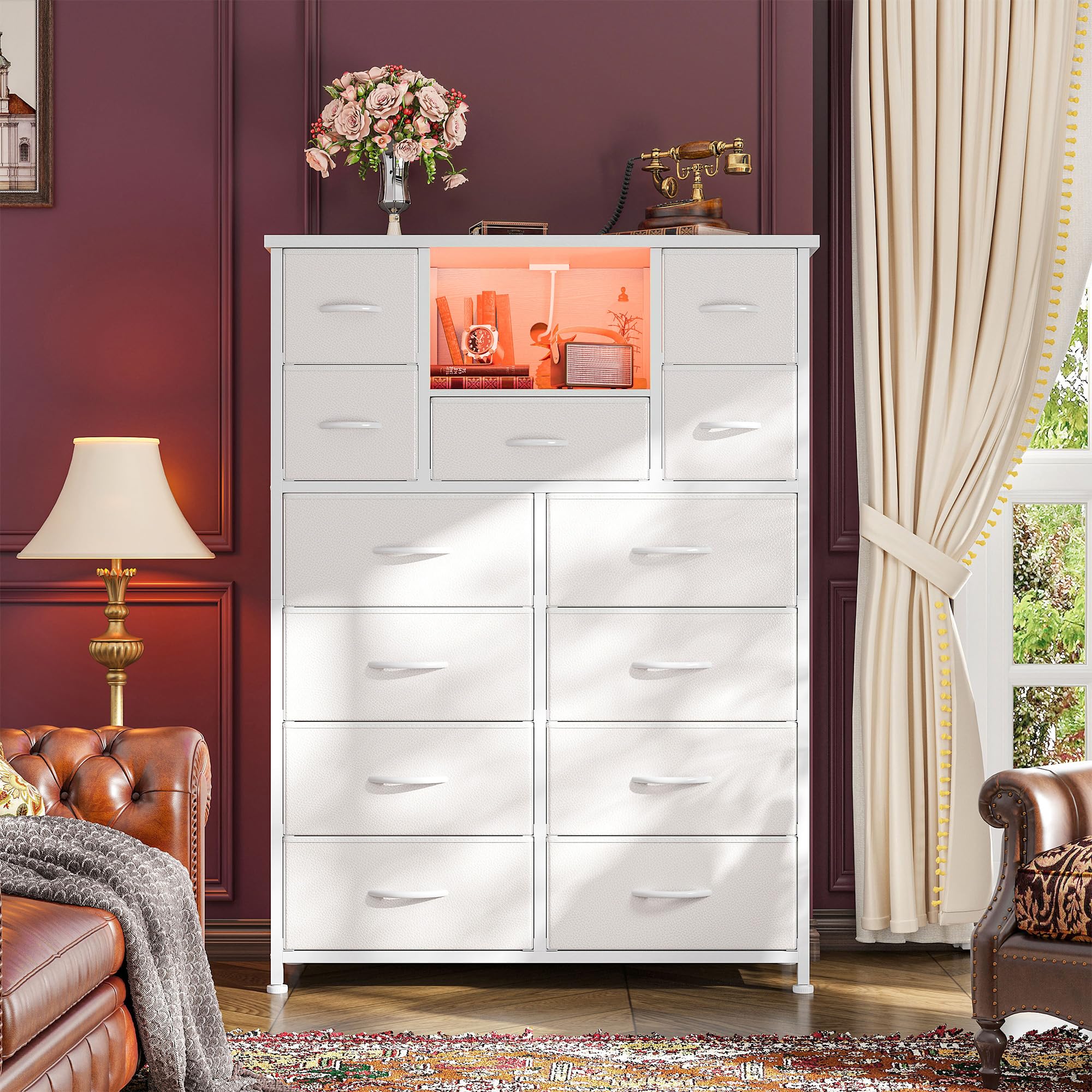 13-Drawer Dresser with LED Lighting and Charging Ports