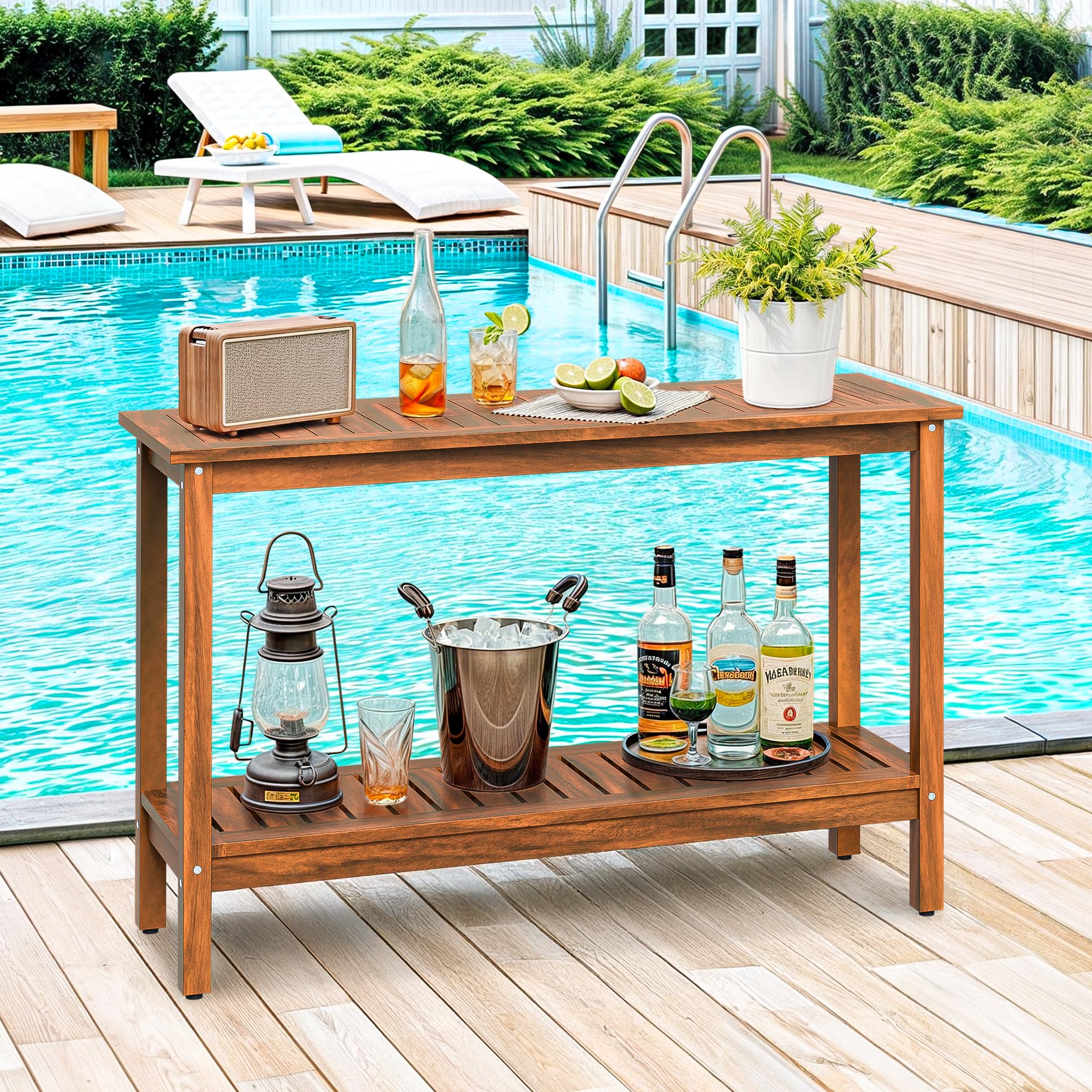 Outdoor Solid Wood Console Table 48" 2-Shelf Natural