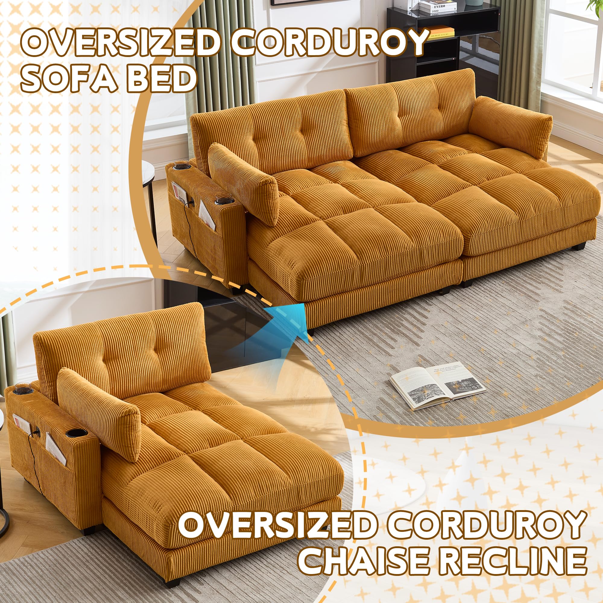 Oversized Double Chaise Lounge Cloud Couch with USB & Cup Holders