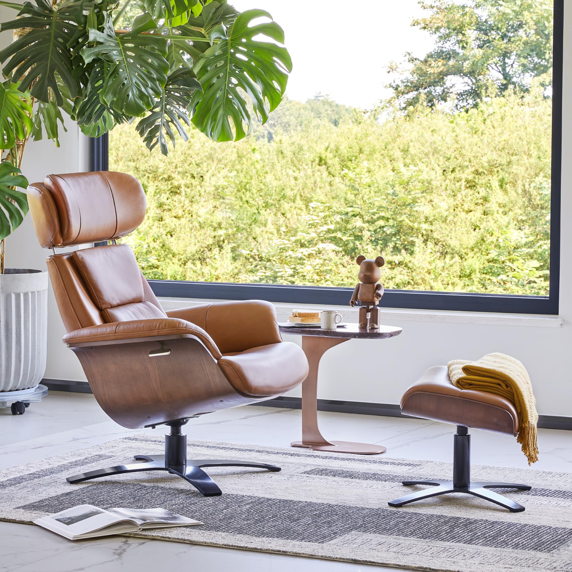 Genuine Leather Reclining Swivel Chair with Adjustable Headrest and Ottoman