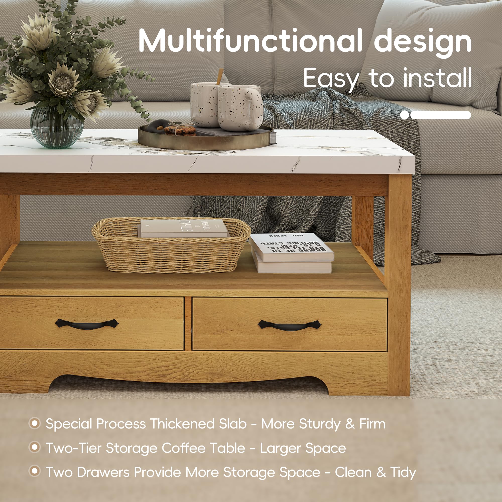 40" Faux Marble Coffee Table with Storage Drawers
