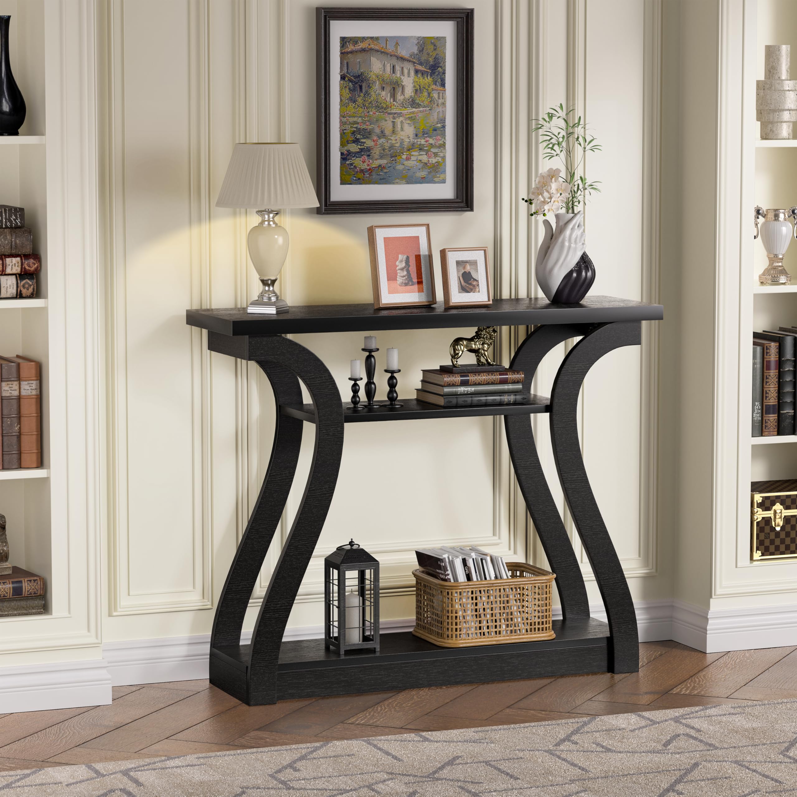Wooden Console Table with Curved Legs - 3-Tier Modern Accent Sofa Table