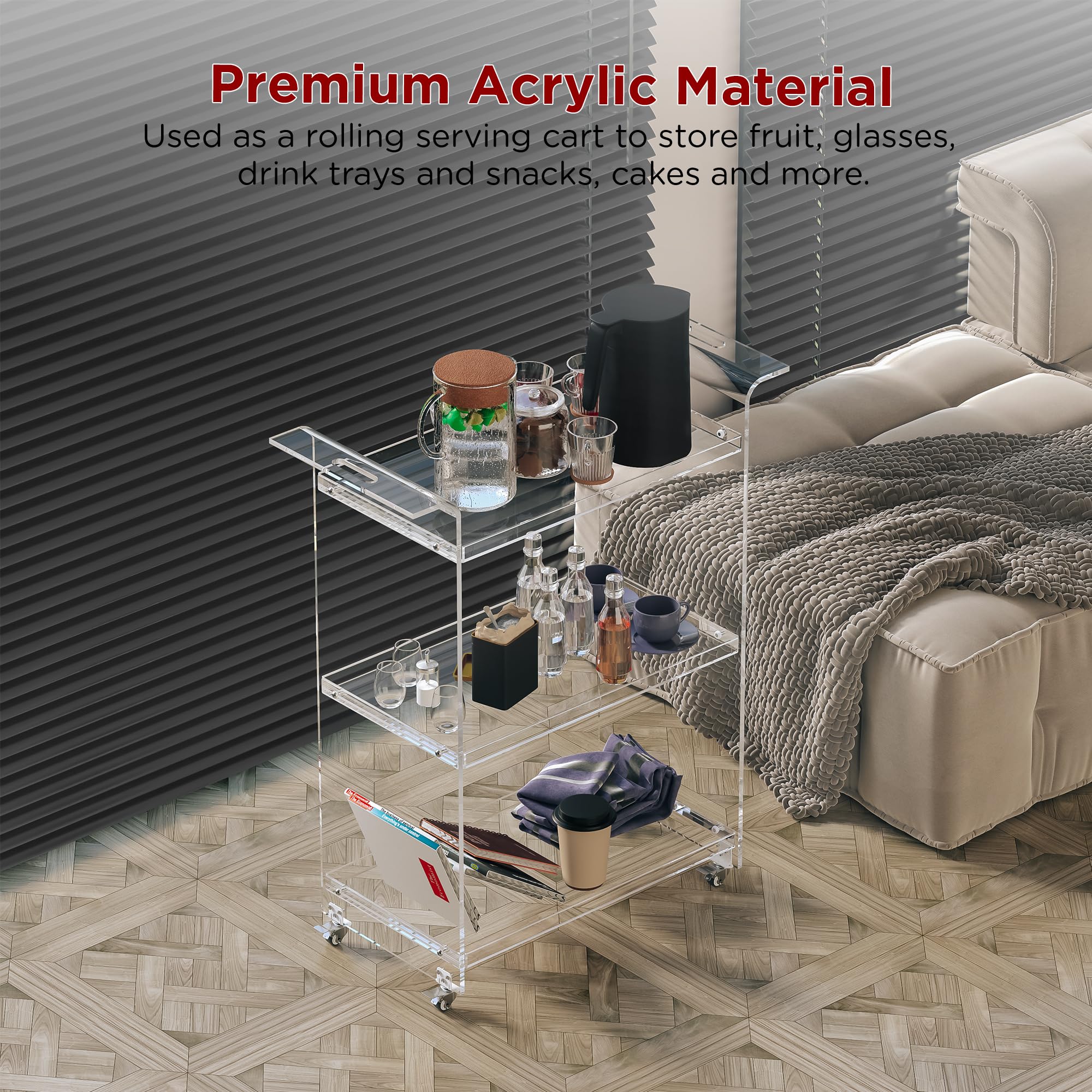 Acrylic Bar Cart 3-Tier Rolling Serving Cart with Lockable Wheels