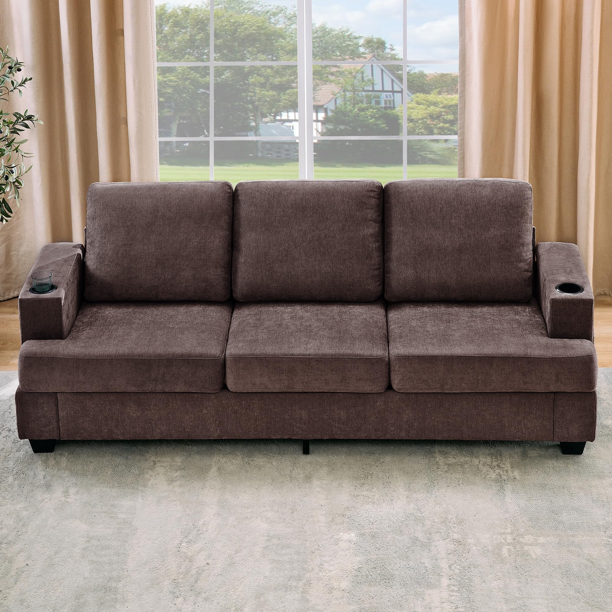 89-Inch 3-Seater Chenille Sofa with Cup Holders