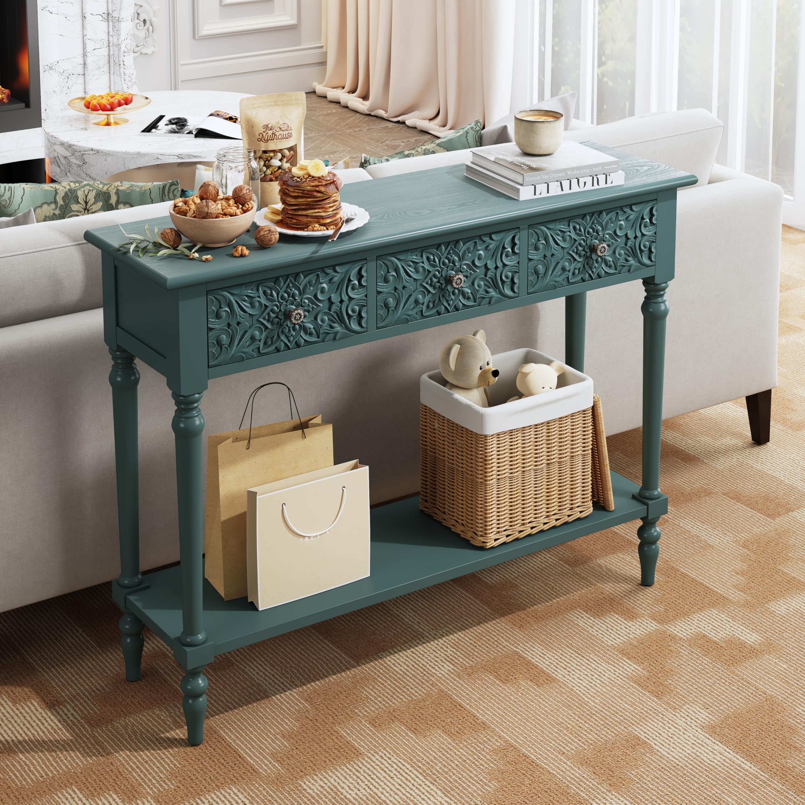 Entryway Console Table with 3 Drawers and Open Shelf