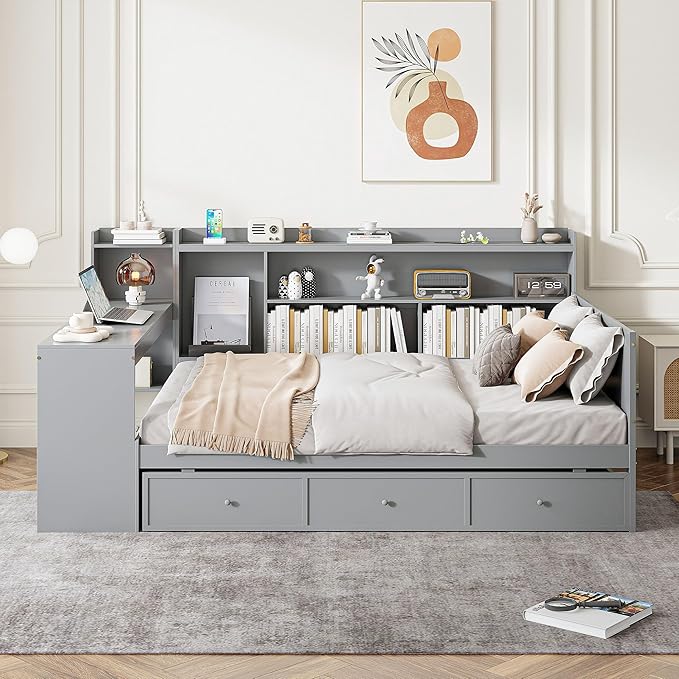 Full Size Linen Daybed with Wooden Legs