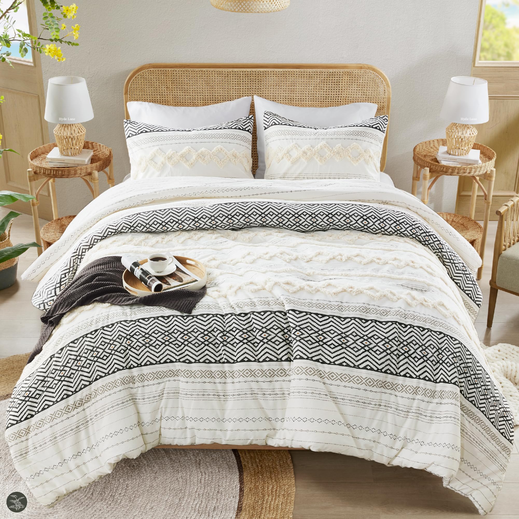 Farmhouse Comforter Set Full/Queen Ivory Striped Cotton 3-Piece