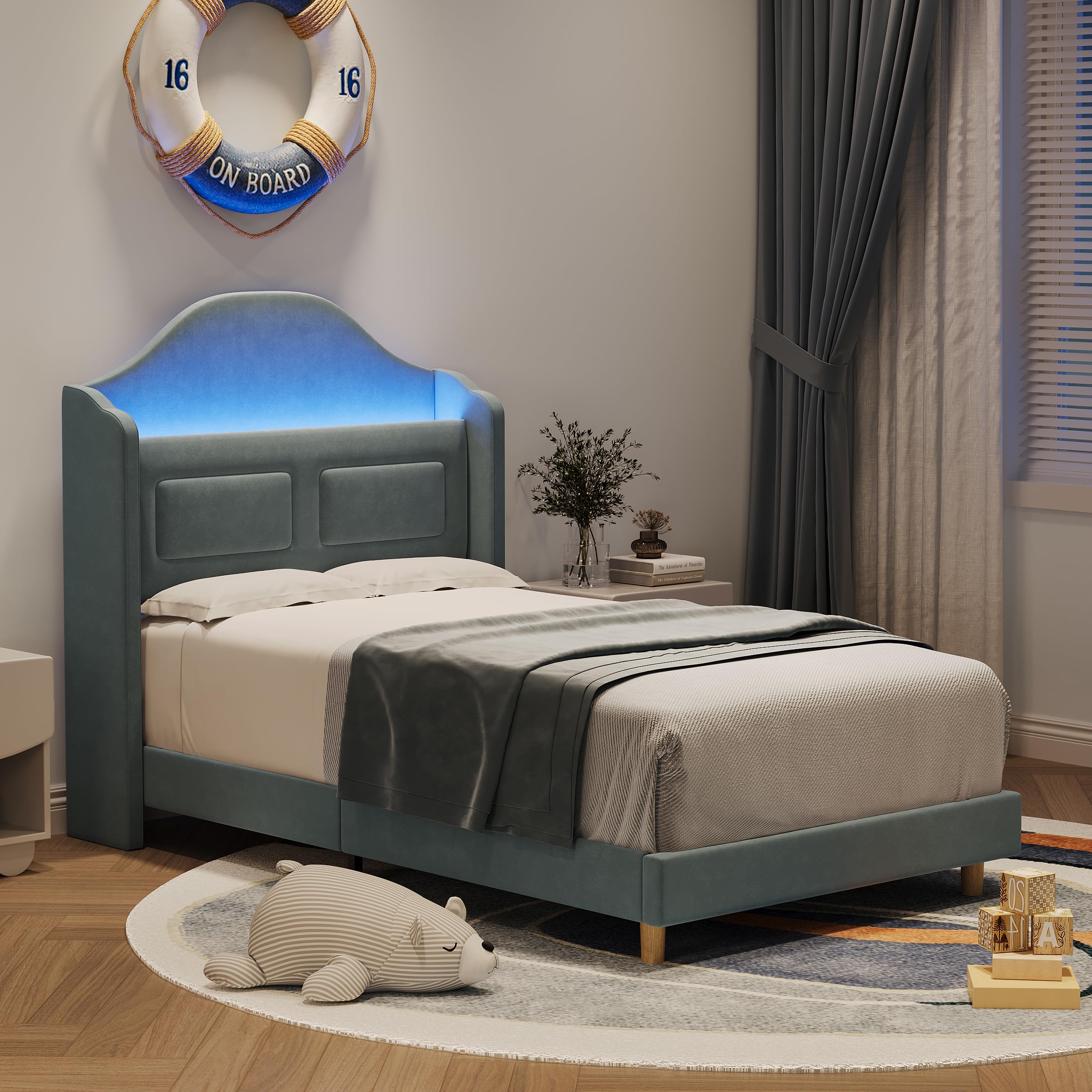 Twin LED Platform Bed with Storage Headboard