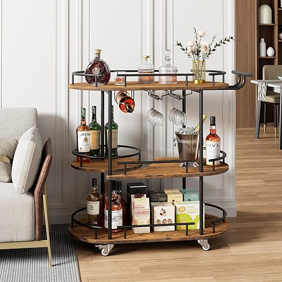 3-Tier Bar Cart with Wine Rack and Wheels