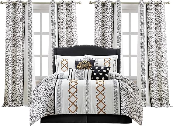 Blue Queen Comforter Set 7-Piece Geometric Embroidered Bedding