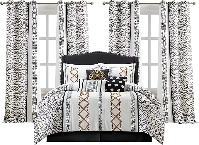 King Comforter Set 7 Pieces White Red Geometric Embroidered
