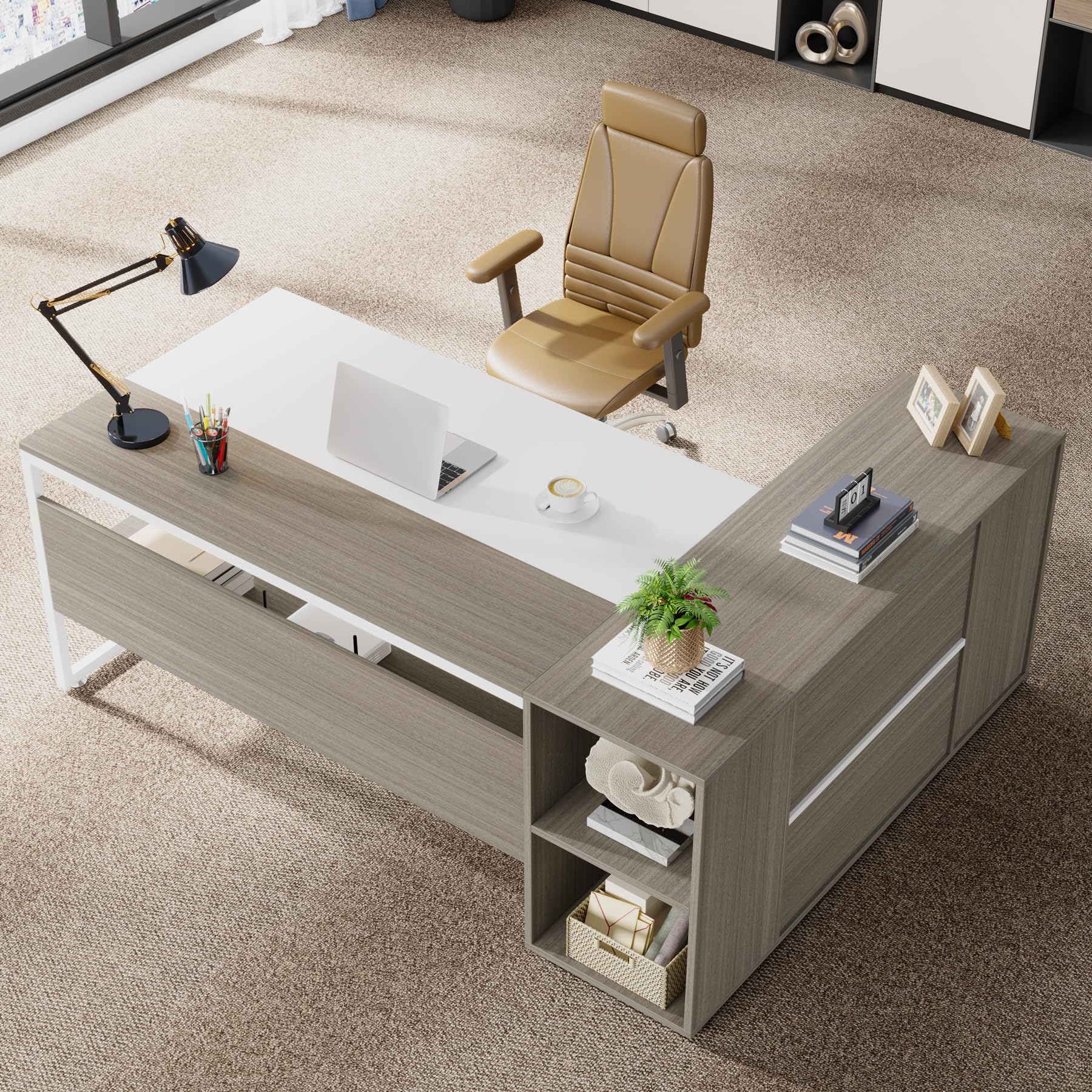 71 Inch Executive L-Shaped Desk with Cabinet Storage