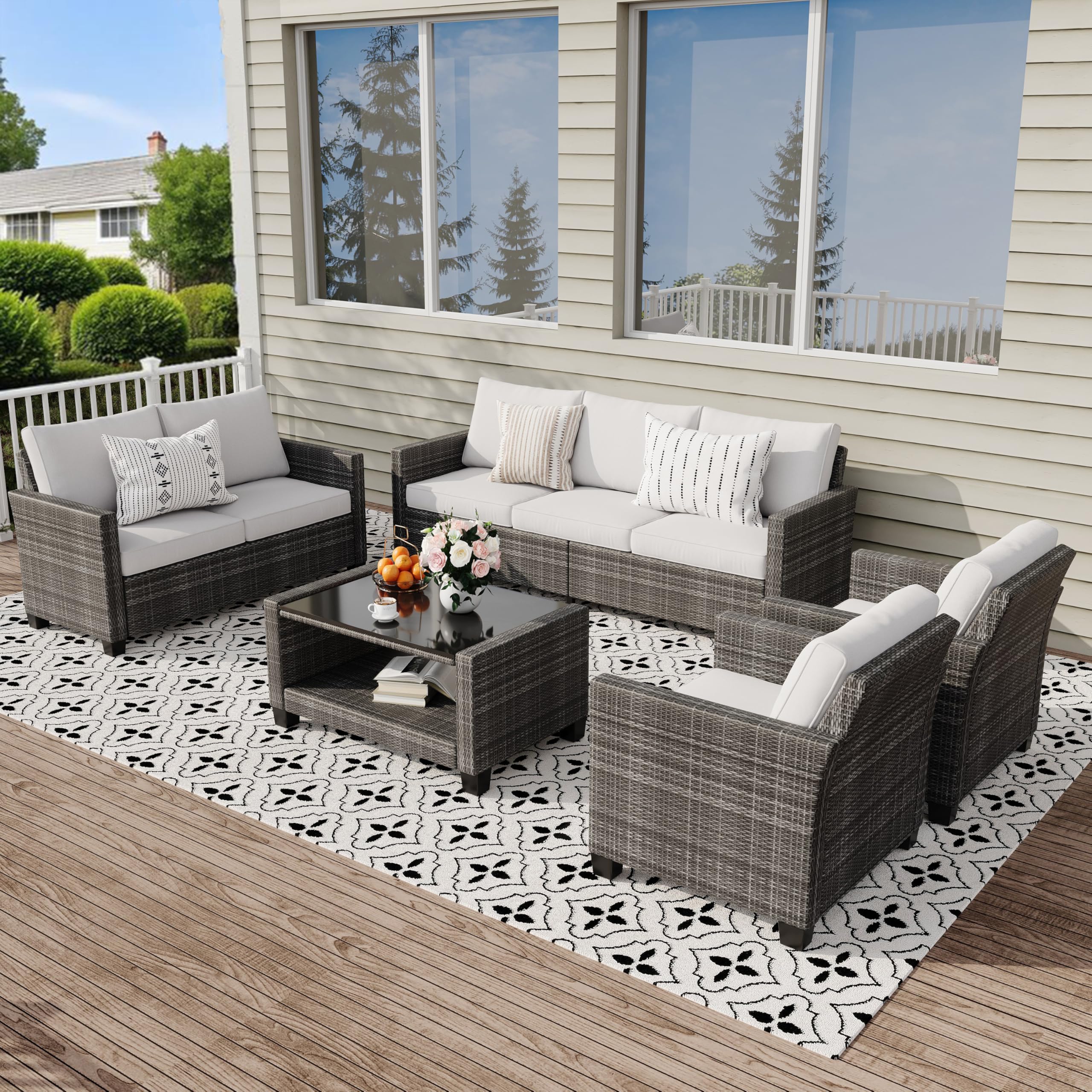 7-Seat PE Rattan Wicker Outdoor Sectional Conversation Set with Coffee Table