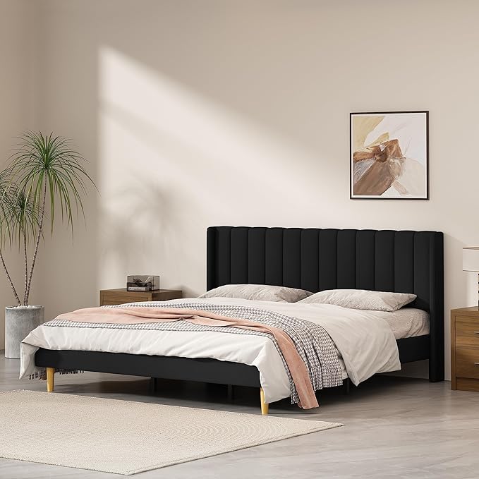 Pink Full Size Upholstered Platform Bed Frame with Wingback Headboard