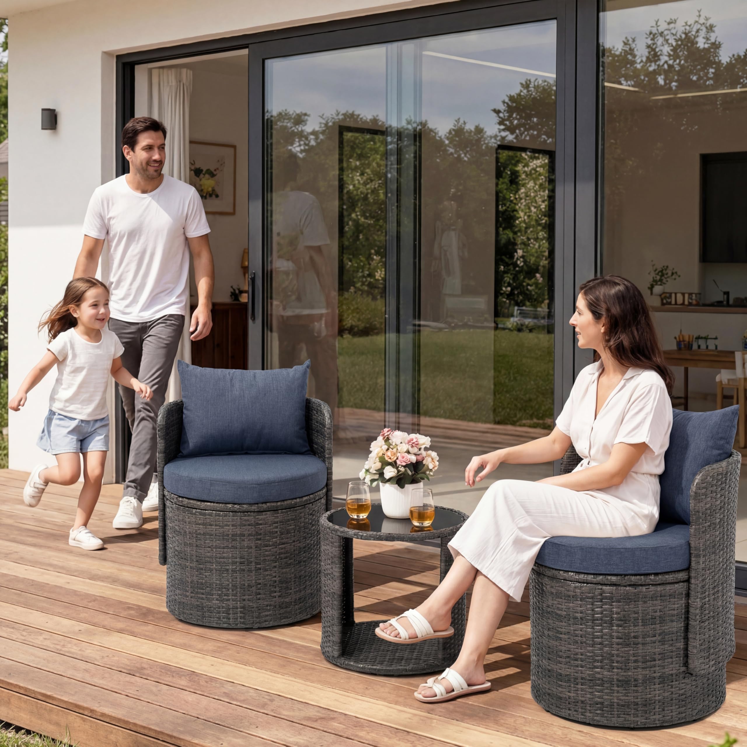 3 Piece Patio Bistro Storage Set, Outdoor Furniture Set with Glass Table, Modern Patio Porch Conversation Set, Wicker Patio Chair Set of 2 for Balcony, Garden, Outside, Blue