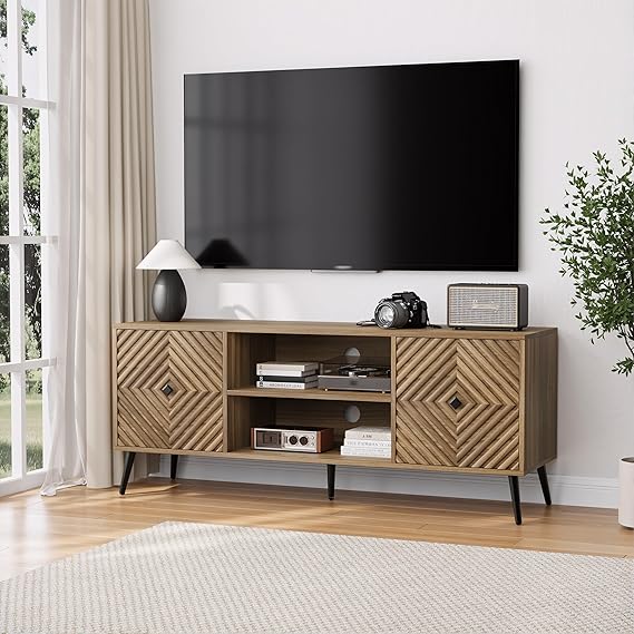 Walnut TV Stand with Line Groove Design - 47.2" Mid Century Modern Media Console