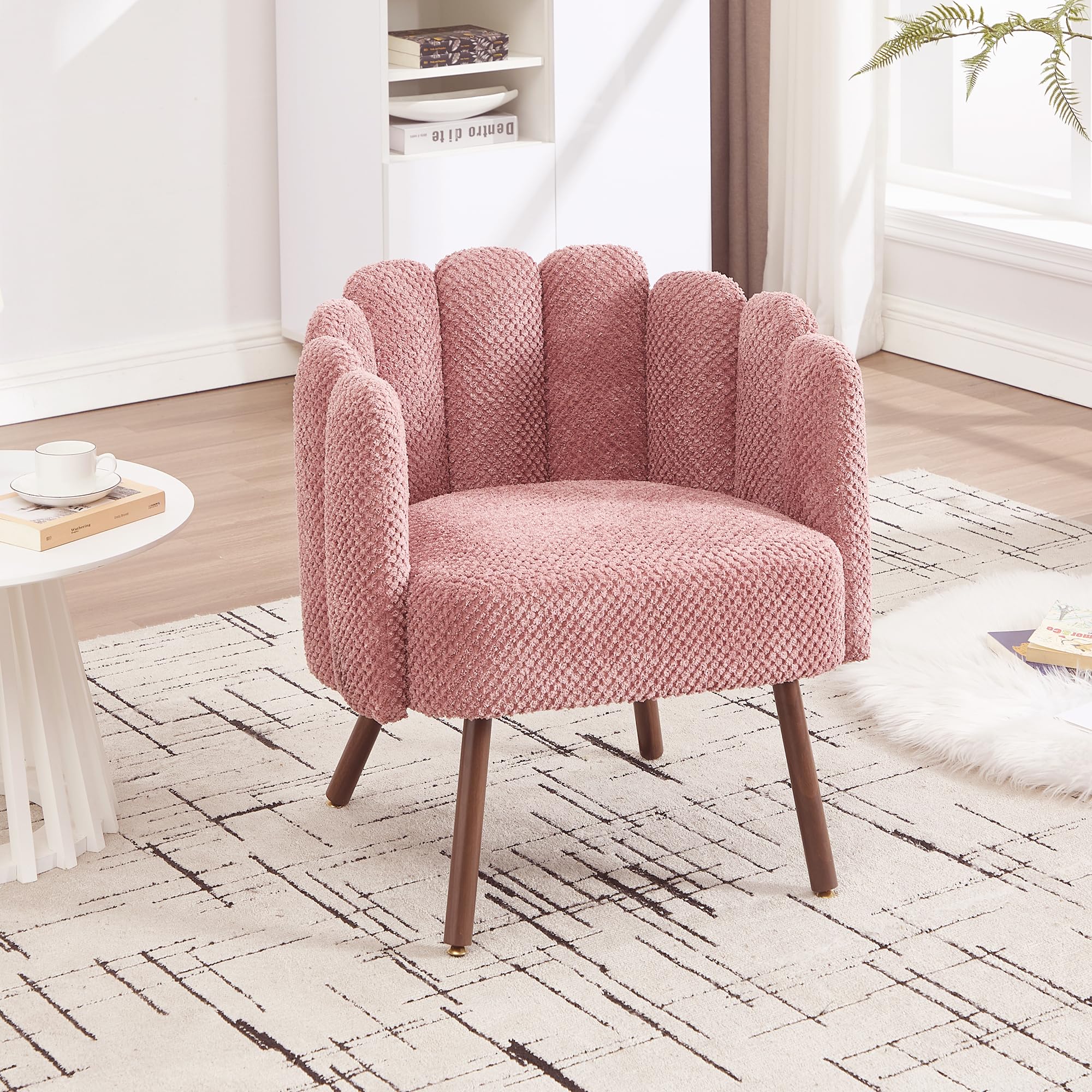 Okeysen Petal Vanity Cute Chair, Velvet Accent Chairs with Wood Leg, Vanity & Makeup Room, Mid Century Reading Armchair for Living Room, Bedroom.