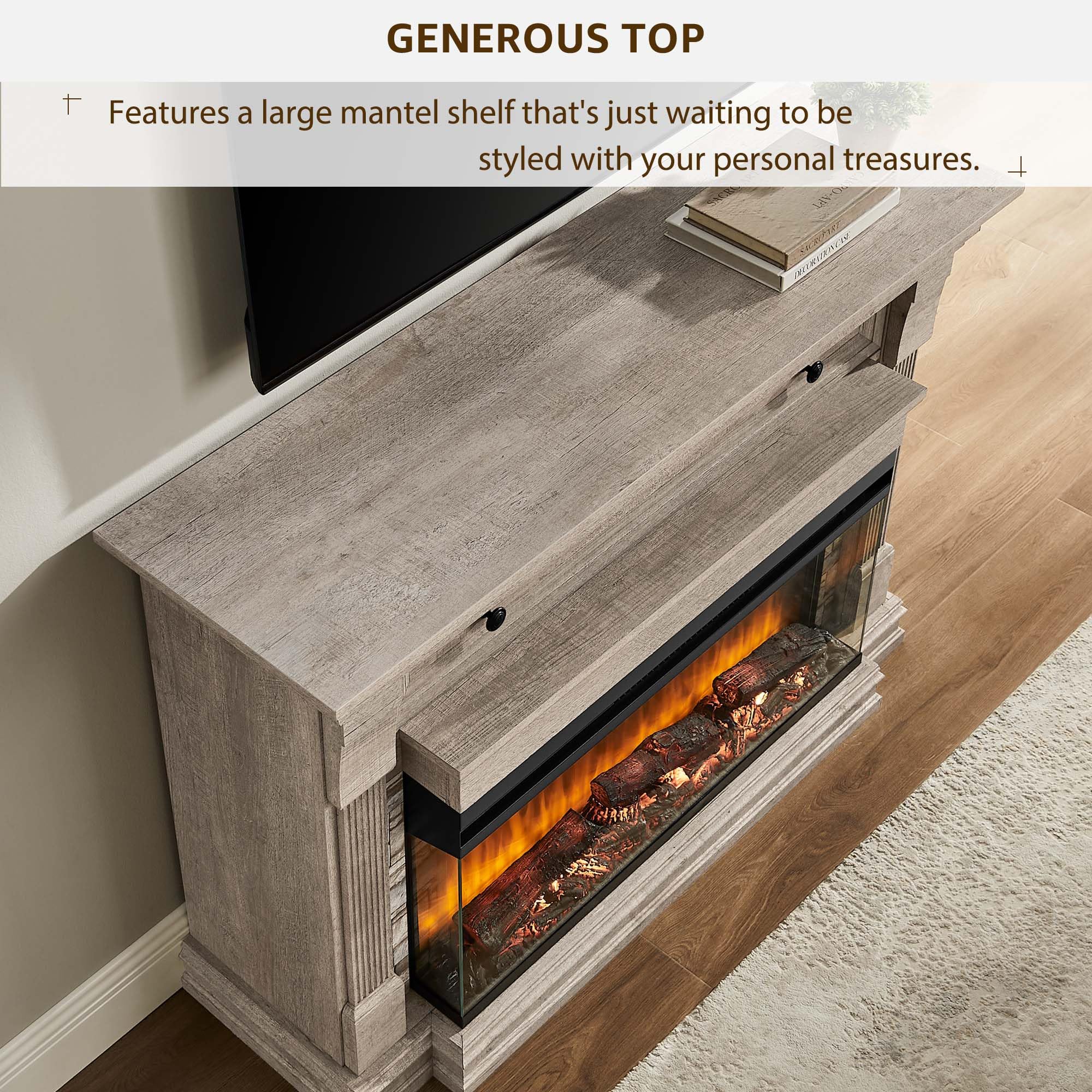 52" Electric Fireplace TV Stand with 3-Sided Glass Insert and Hidden Storage