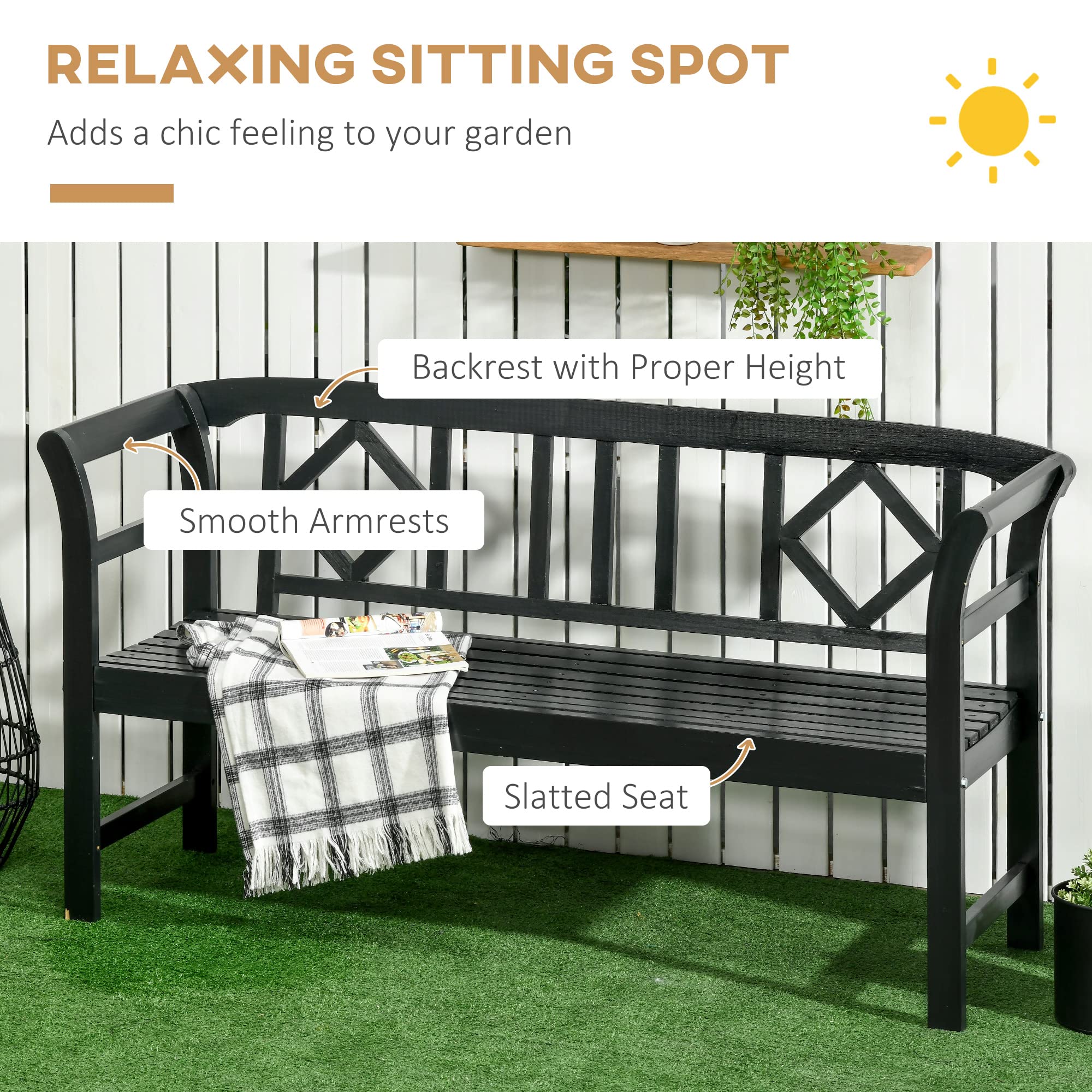 3-Person Wooden Outdoor Bench with Diamond Pattern