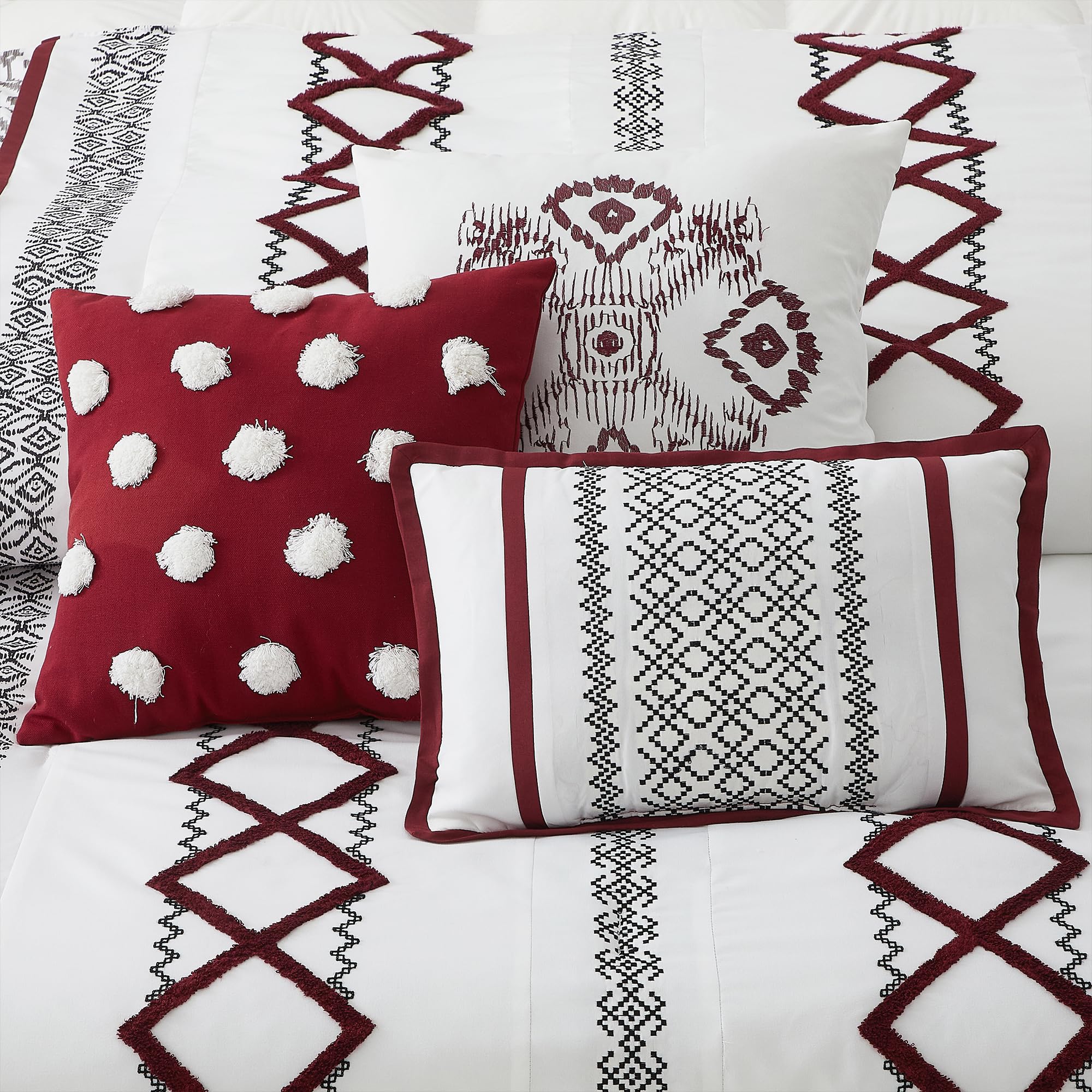 King Comforter Set 7 Pieces White Red Geometric Embroidered