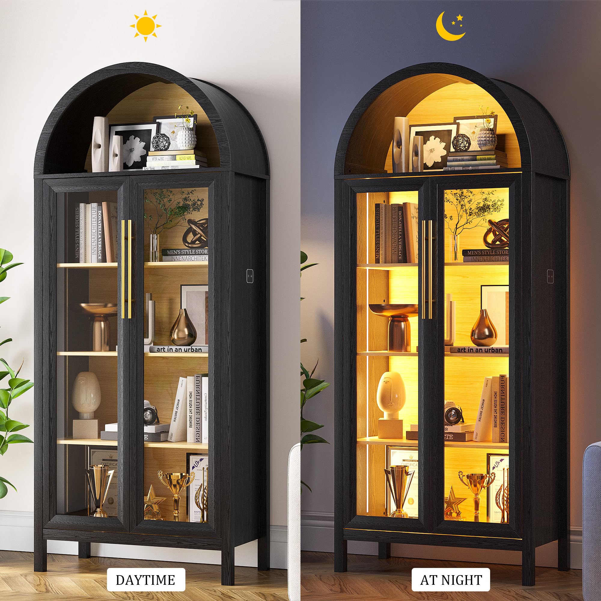 Arched Kitchen Pantry Cabinet with Glass Doors and LED Lights