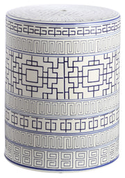Ceramic Garden Stool Blue and White Geometric Pattern 18-Inch