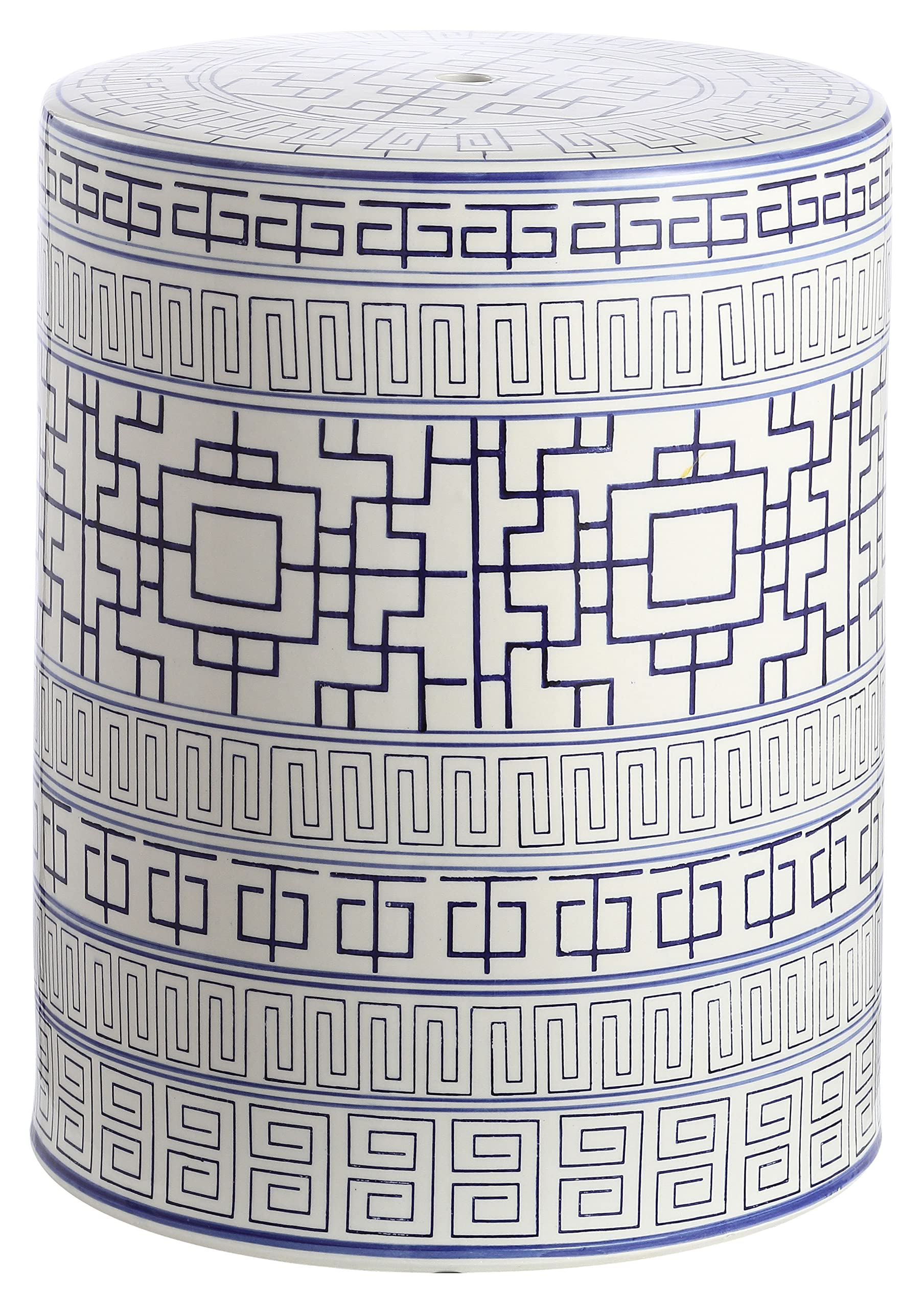 Ceramic Garden Stool Blue and White Geometric Pattern 18-Inch
