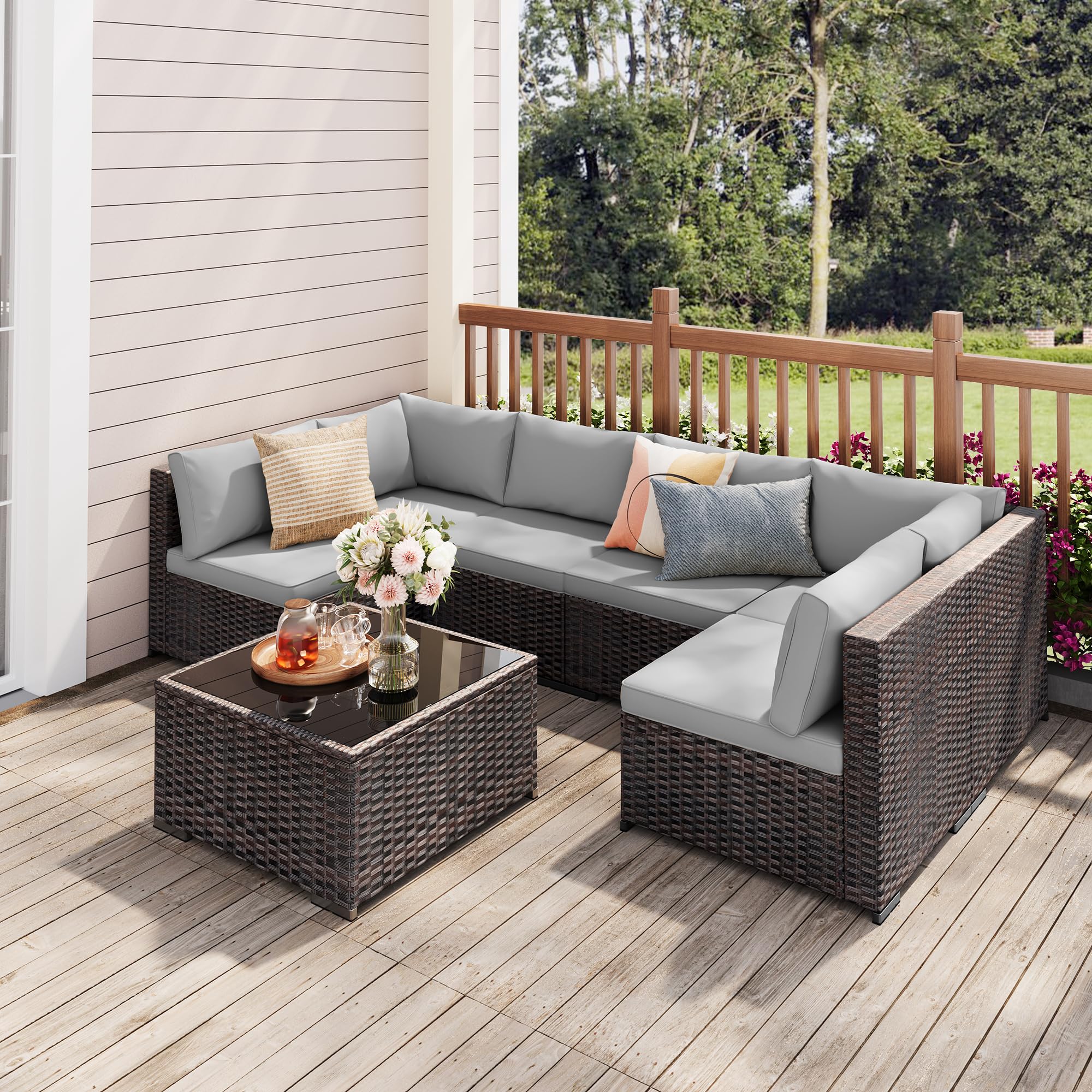 7-Piece Outdoor Sectional Rattan Sofa Set with Glass Coffee Table