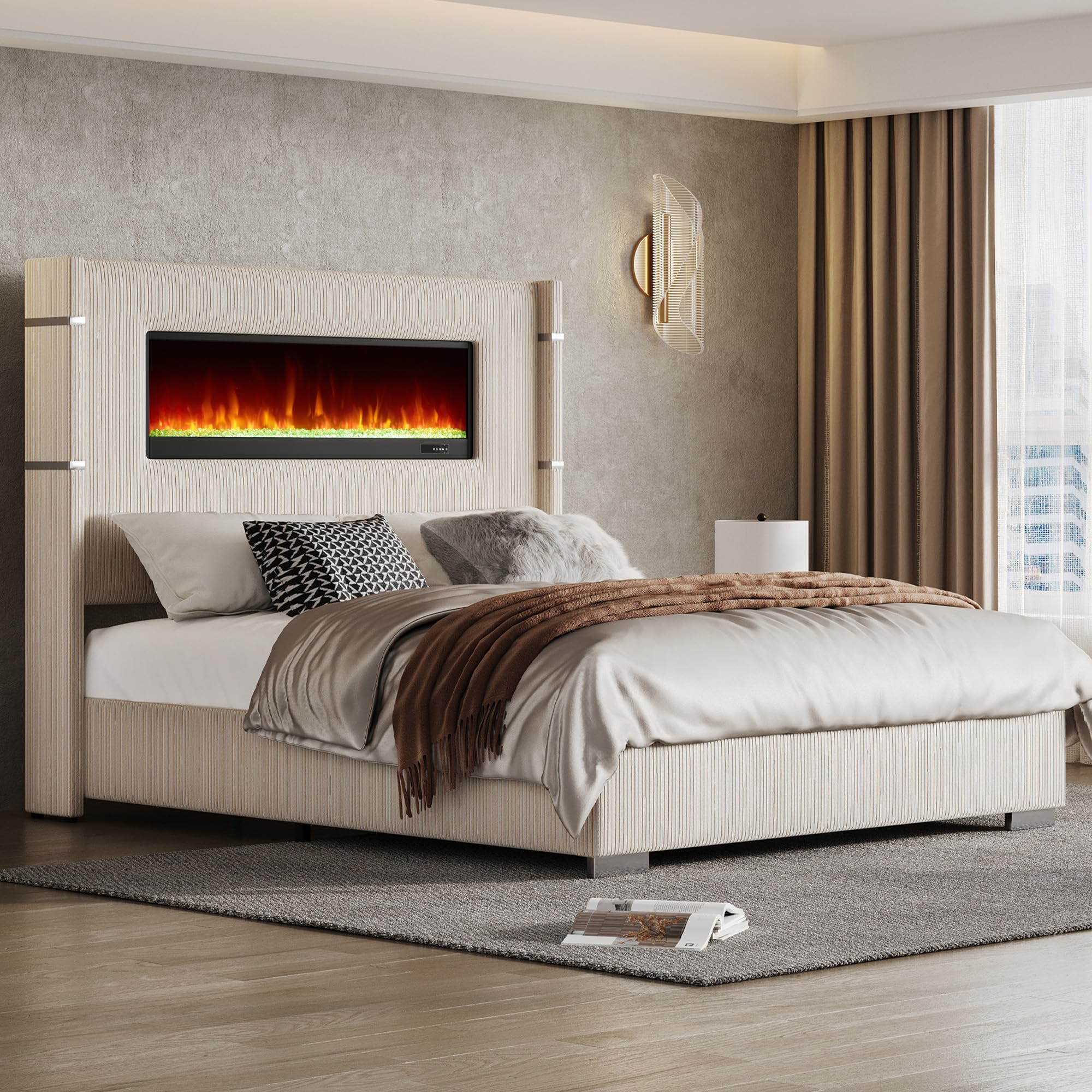 Queen Upholstered Platform Bed Frame with Fireplace and Tall Wingback Headboard