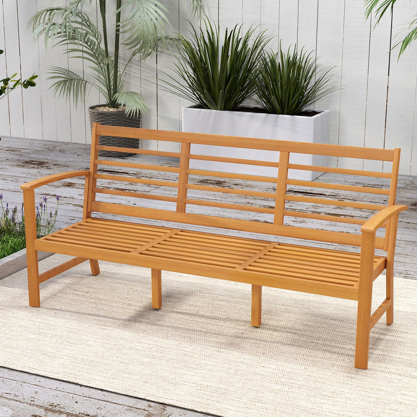 3-Seat Acacia Wood Outdoor Bench with Cushion