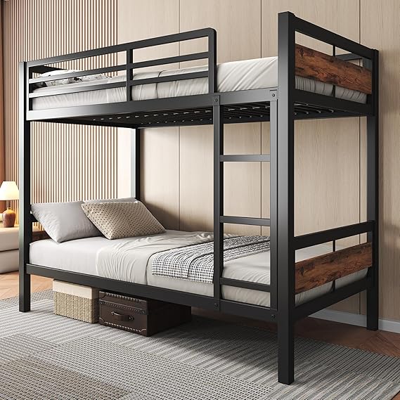Metal Bunk Bed Twin Over Twin with Ladder and Guardrail