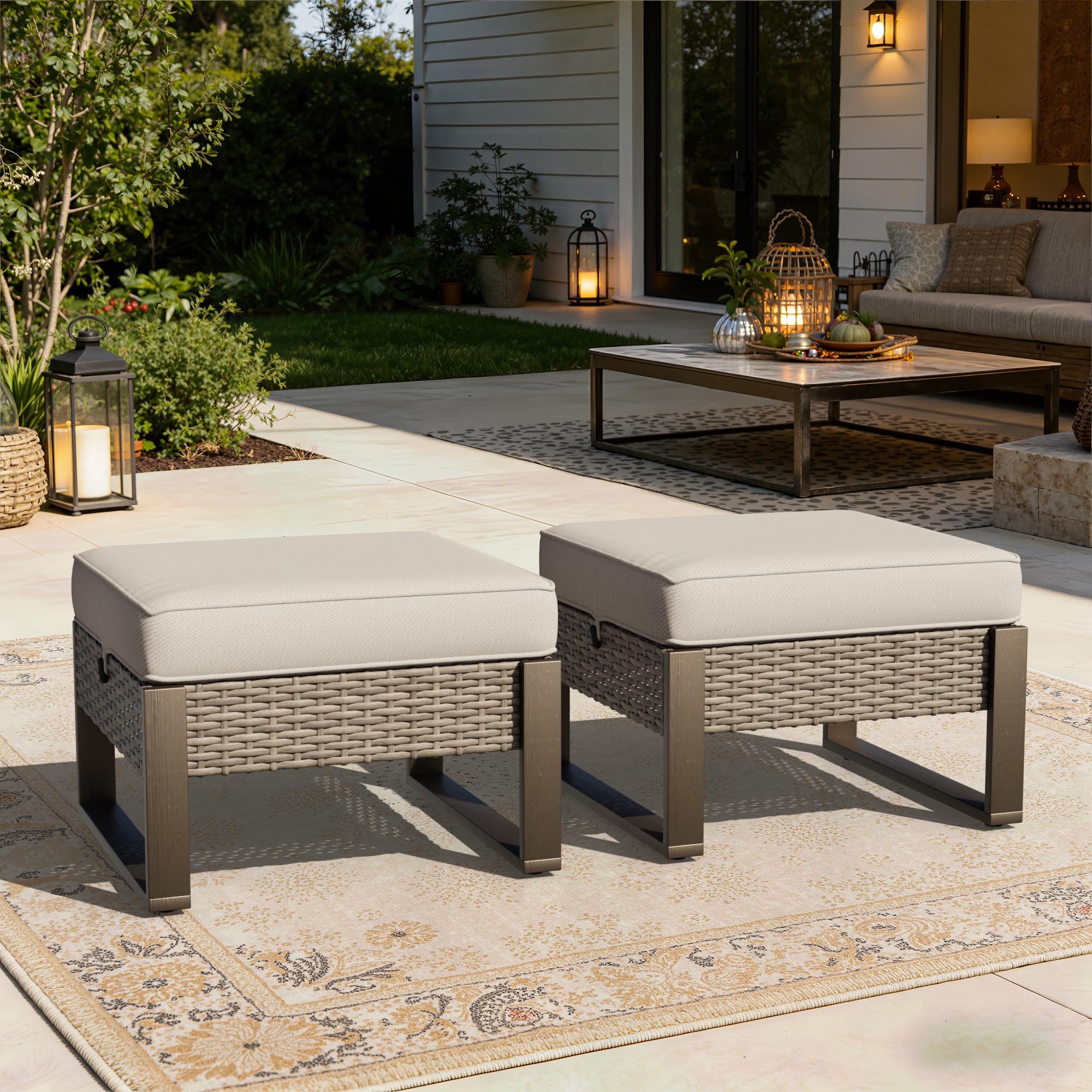PE Rattan Ottoman Footstool Set with Removable Cushions
