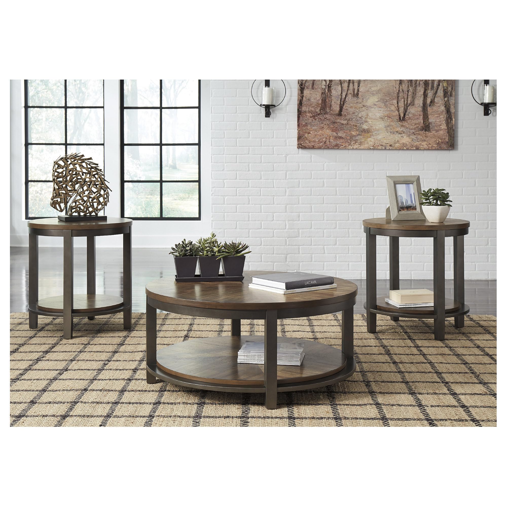 Roybeck Rustic Round 3-Piece Table Set with Fixed Shelf