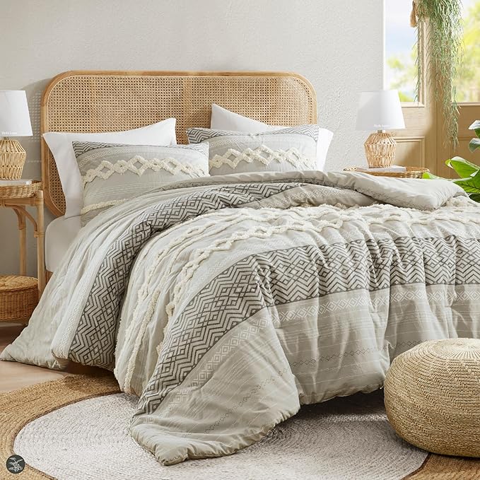 Farmhouse Comforter Set Full/Queen Ivory Striped Cotton 3-Piece