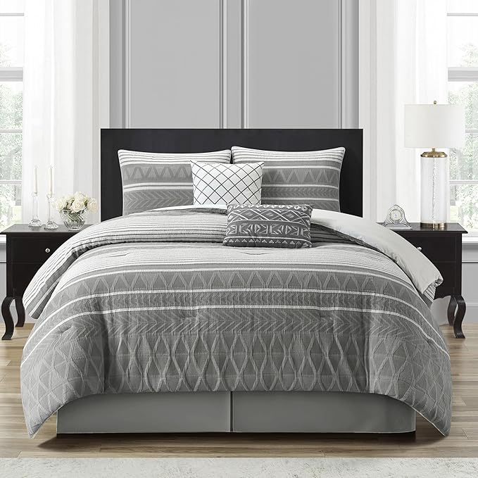 6-Piece King Comforter Set White Jacquard Geometric