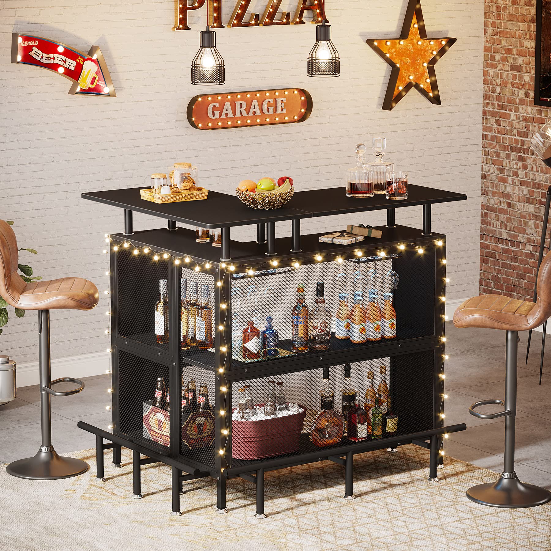 L-Shaped Bar Table with Stemware Racks and Storage Shelves