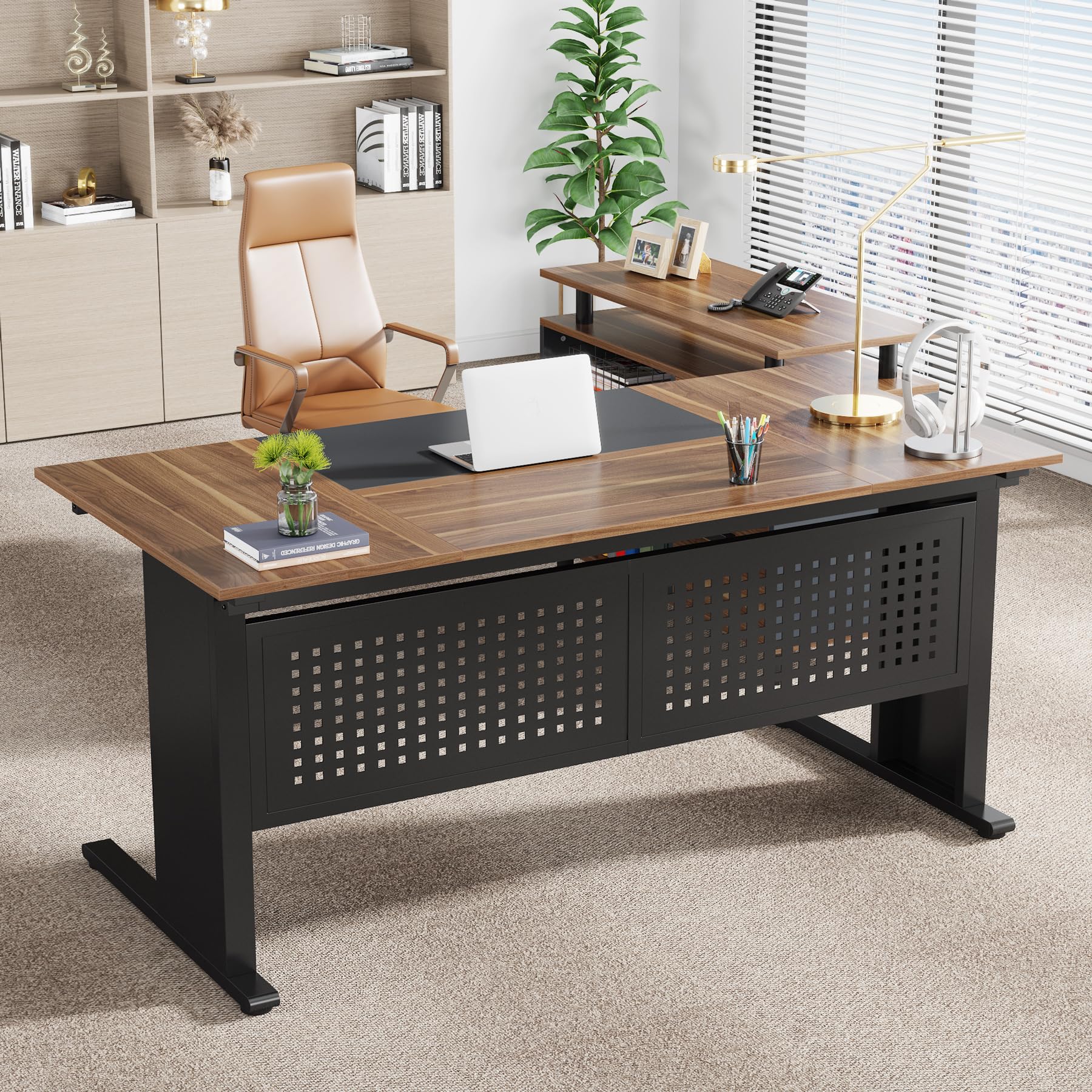 L-Shaped Executive Desk with File Cabinet