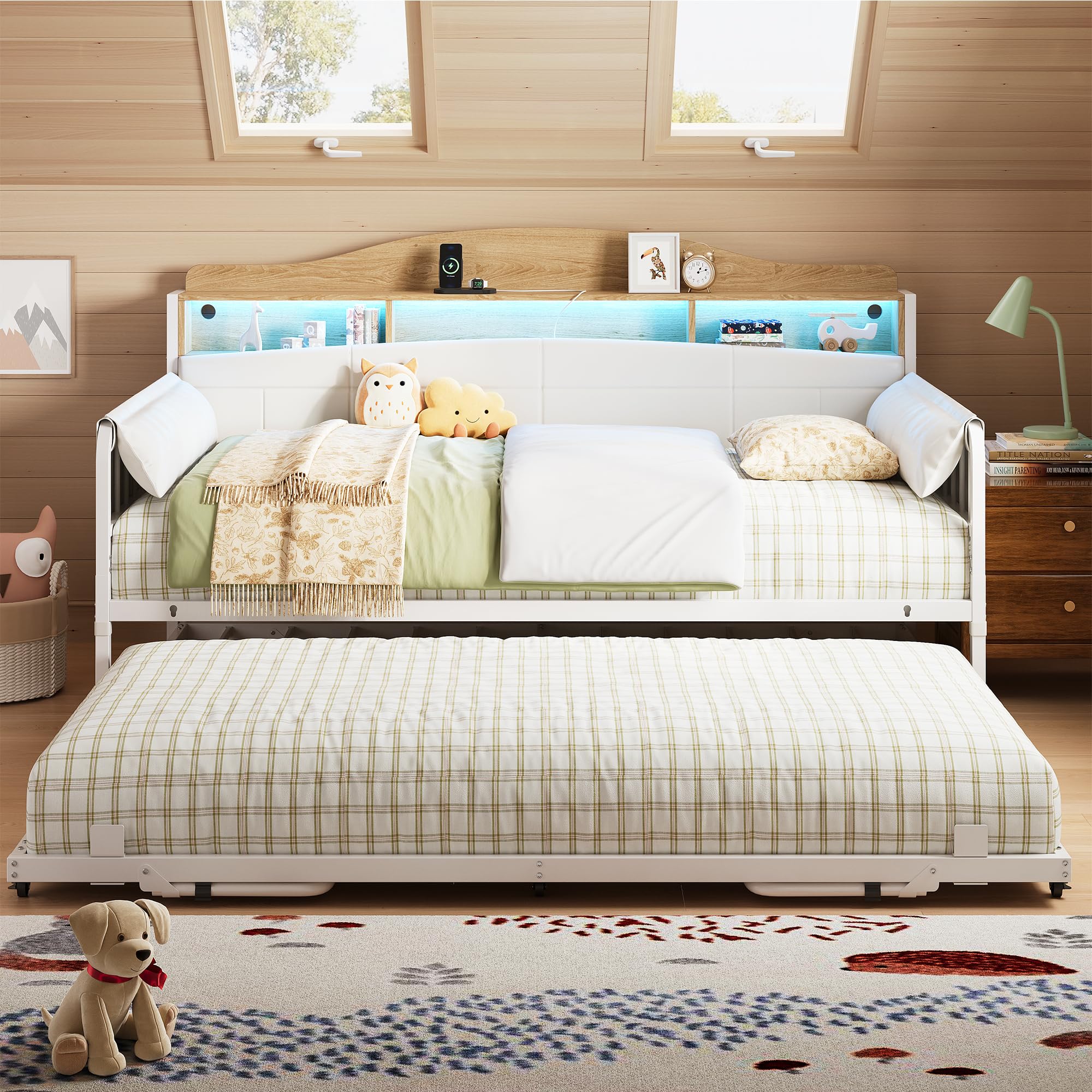 Twin Daybed with Trundle and Bookcase Headboard