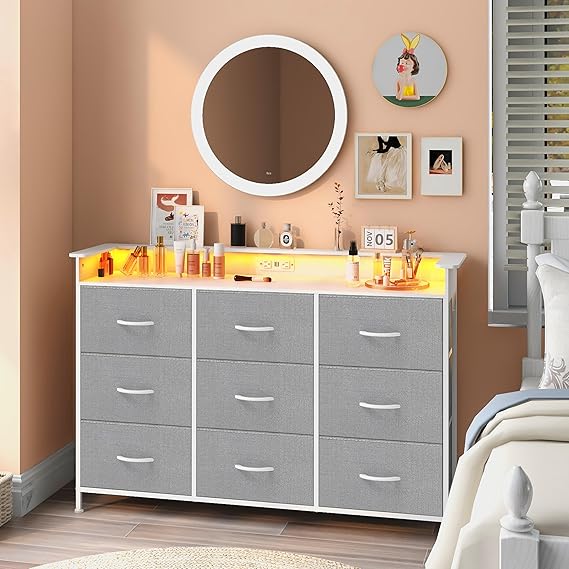 9-Drawer Dresser with LED Lights and Charging Station
