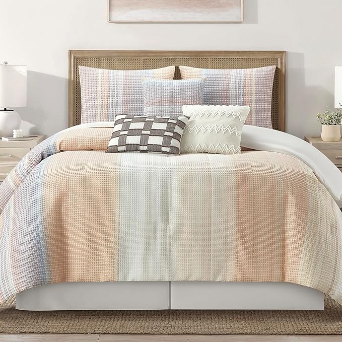 7-Piece King Comforter Set Grey Waffle Jacquard