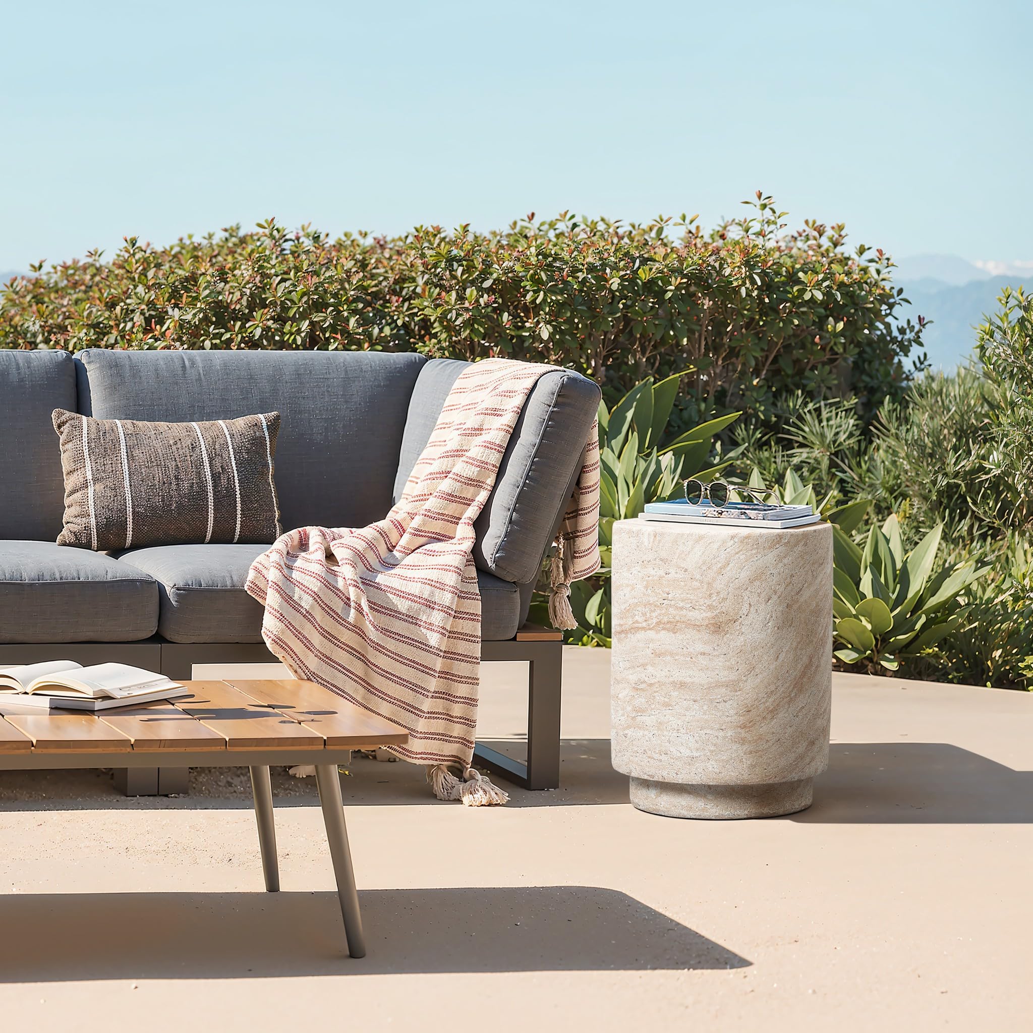 18" Round Travertine-Style Outdoor Side Table