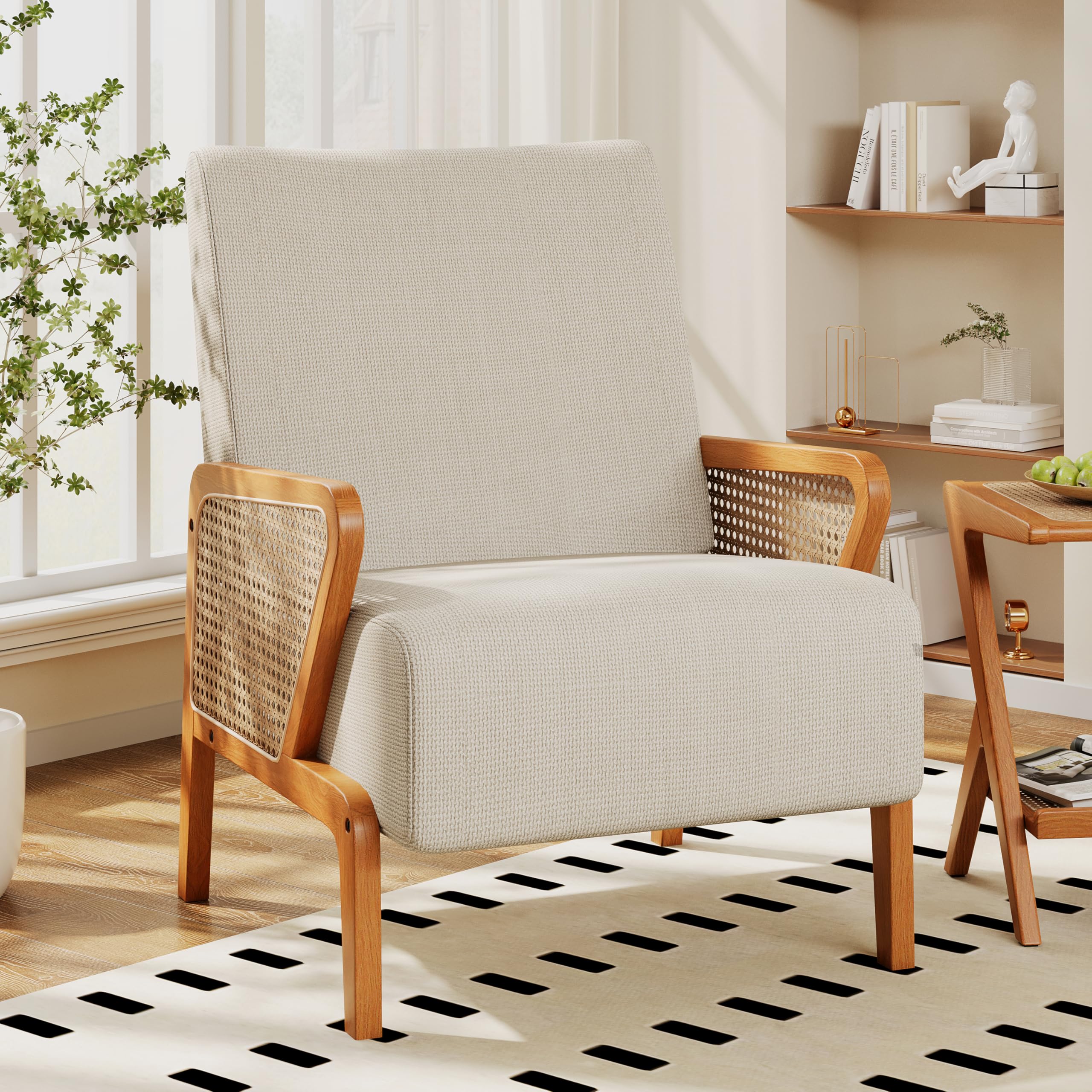 Natural Rattan Accent Chair with Tufted Back