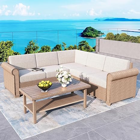 6-Piece Wicker Rattan Sectional Sofa Set with Waterproof Cushions