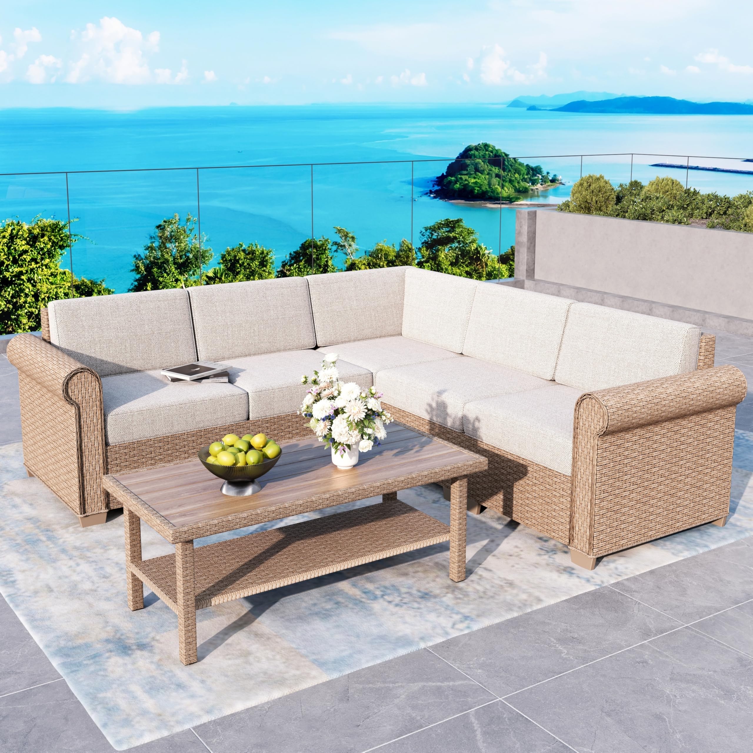 6-Piece Wicker Rattan Sectional Sofa Set with Waterproof Cushions