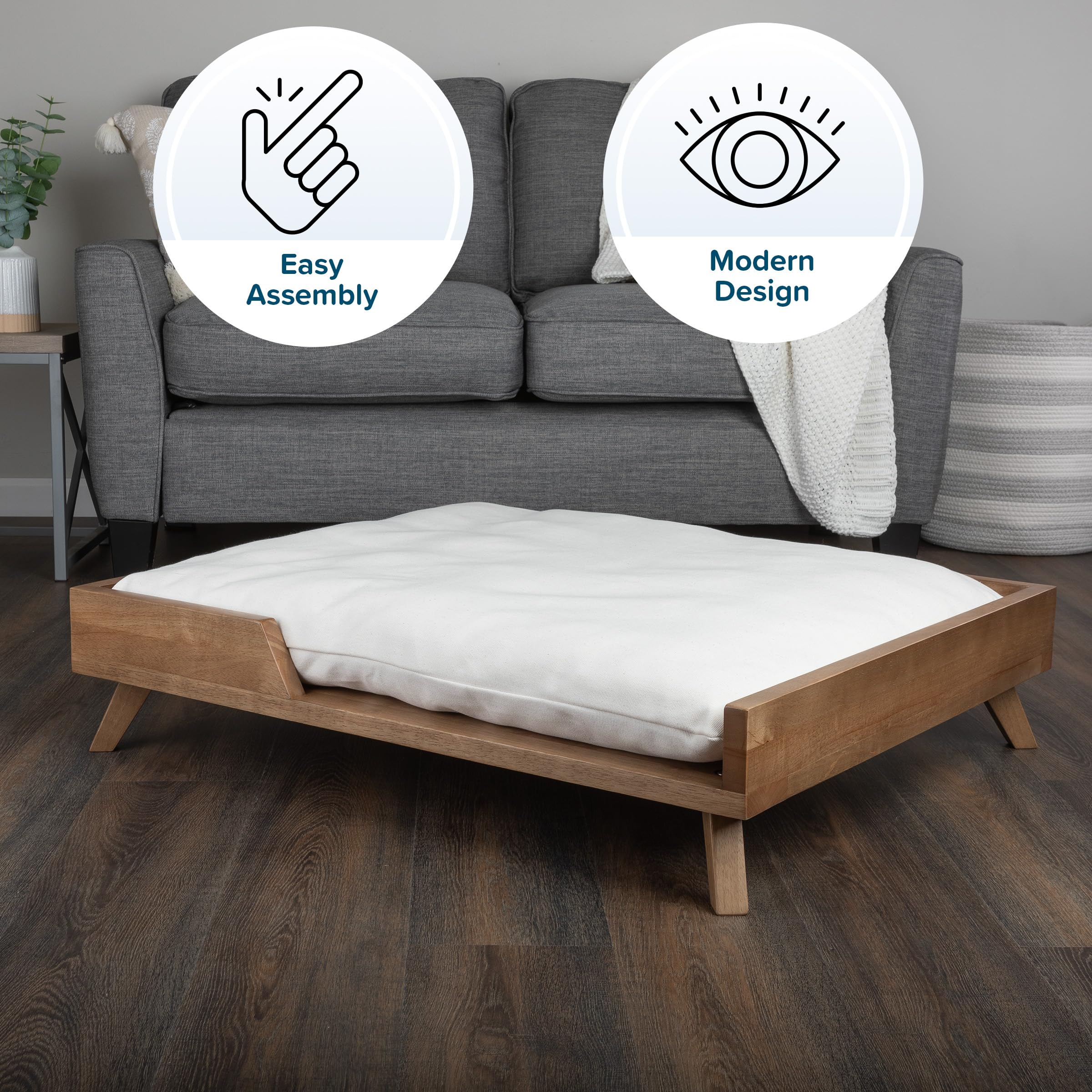 Elevated Dog Bed with Soft Cushion - 36" x 29.5" Mid-Century Modern Wood Frame