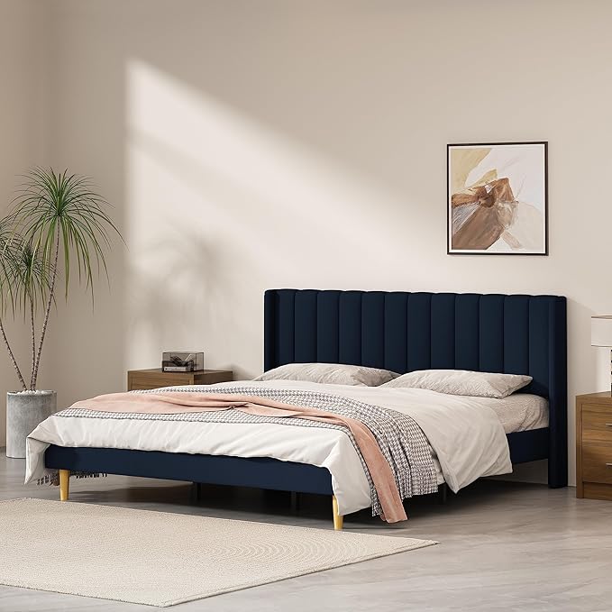 Pink Full Size Upholstered Platform Bed Frame with Wingback Headboard
