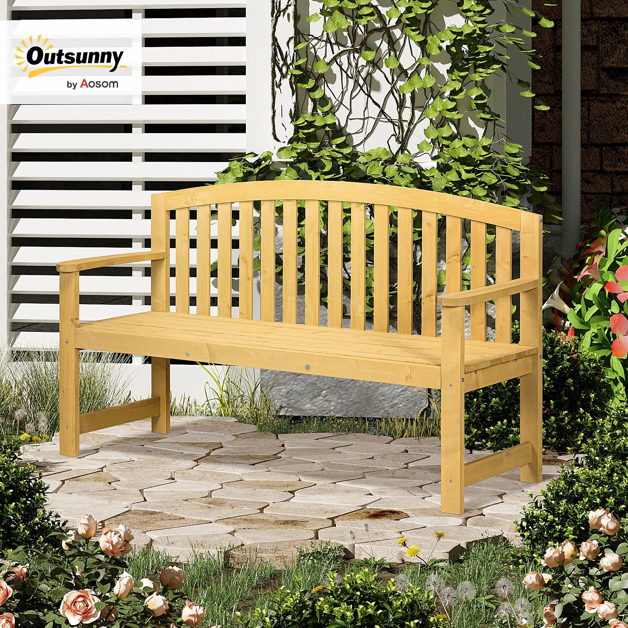 2-Seater Outdoor Wood Bench with Backrest