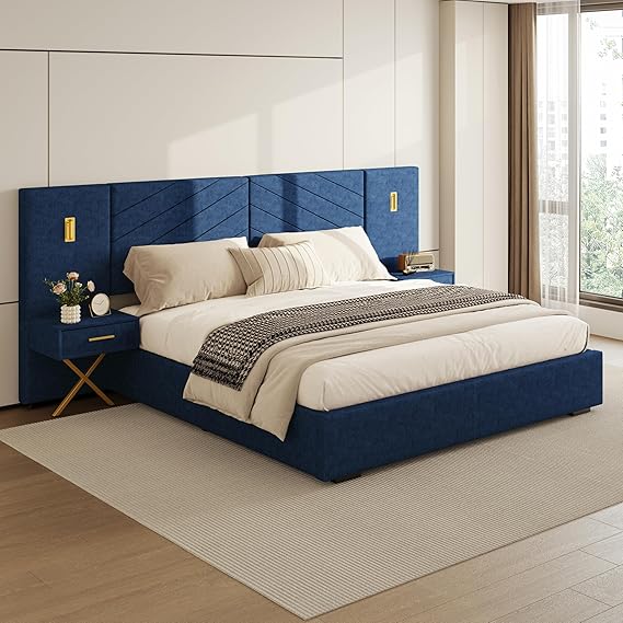 Queen Platform Bed with LED Lights and Nightstands