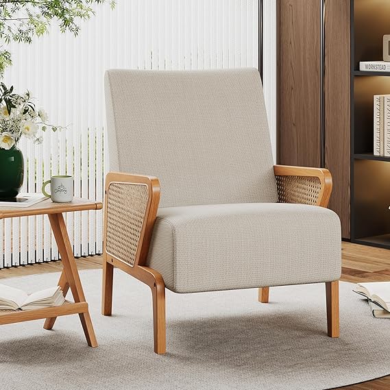 Natural Rattan Accent Chair with Tufted Back