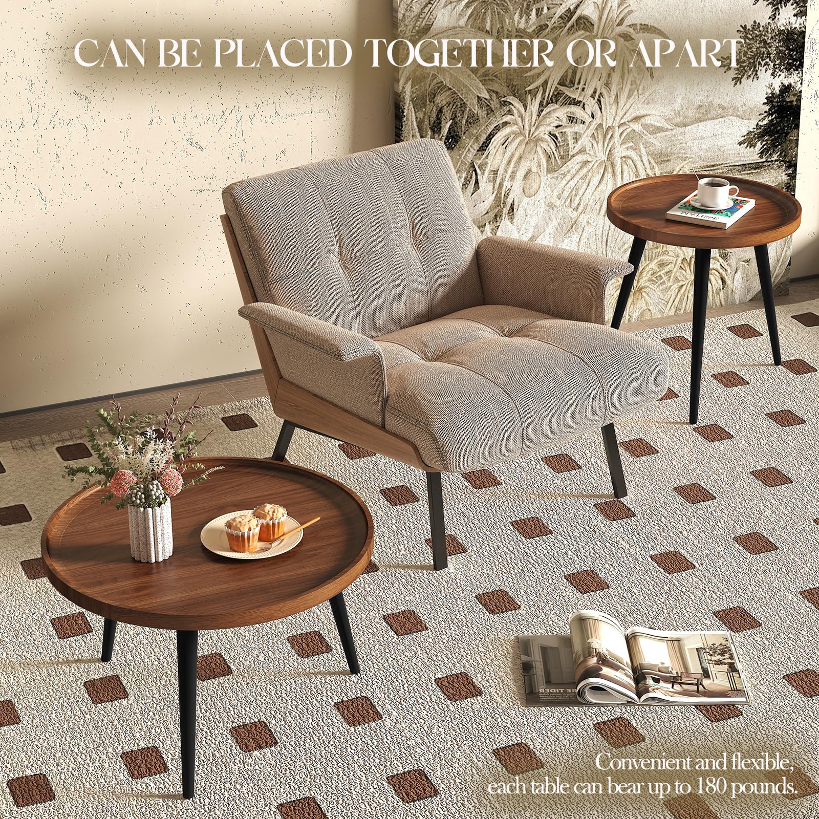 2-Piece Round Nesting Coffee Table Set - Mid Century Modern Walnut